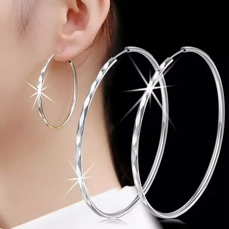 Top Trends: Fine 925 Sterling Silver Luxury 5CM Big Circle Hoop Earrings For Women Charms Original Designer Party Wedding Jewelry Gifts Shoppable Styles