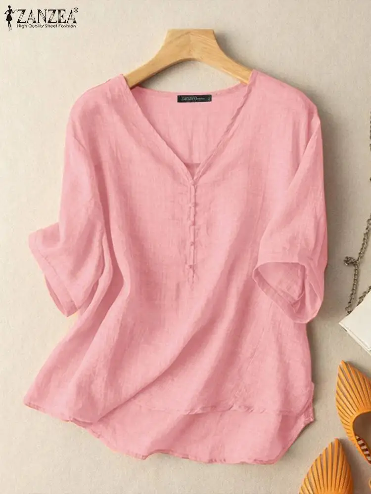 Top Trends: ZANZEA Summer Women Fashion Blouse 3 / 4 Sleeve V-Neck Cotton Tops Female Solid Color Korean Blouses Elegant Casual Chemise 2023 Shoppable Styles - Image 2