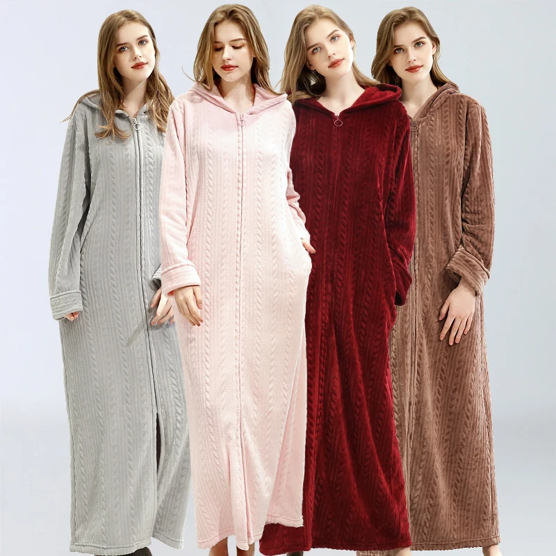 Top Trends: Flannel Women&#039;s Bathrobe Zipper Hooded Warm Soft Ladies Thick Dressing Gown Pocketslong Sleeve Home Clothes For Female Winter Shoppable Styles