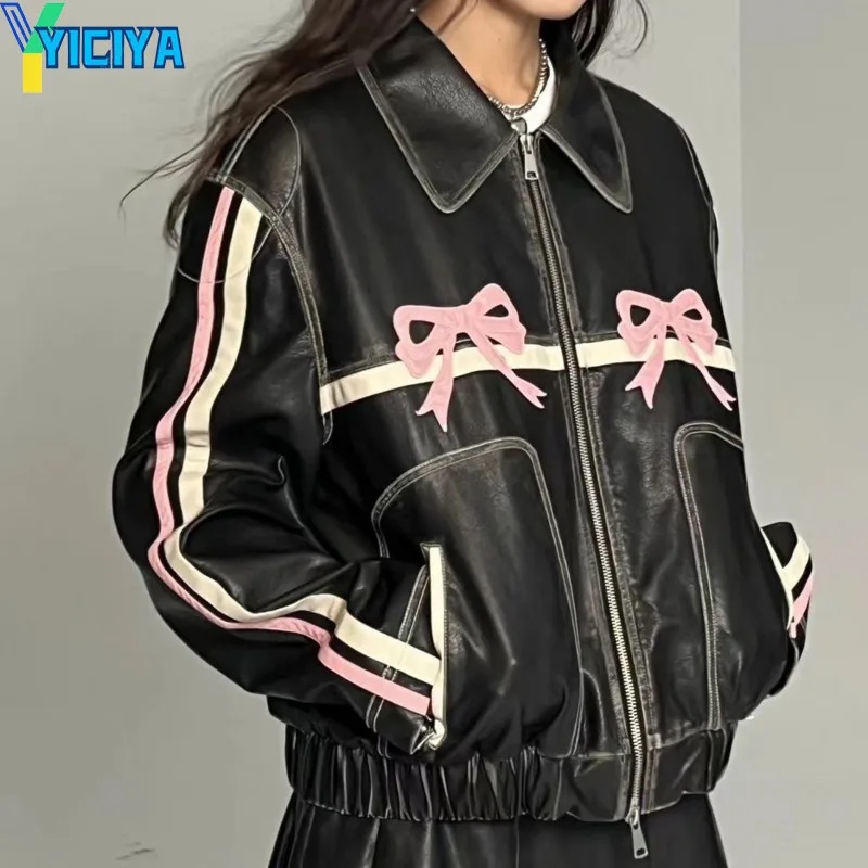 Top Trends: YICIYA Leather Jackets Bow Knot Bomber Women Hiphop Racing Winter Korean Fashion Jacket Vintage Outerwear Coats Design Outwear Shoppable Styles