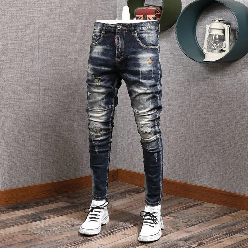 Top Trends: Fashion Streetwear Men Jeans Retro Black Blue Elastic Slim Fit Ripped Jeans Men Spliced Designer Embroidery Hip Hop Denim Pants Shoppable Styles