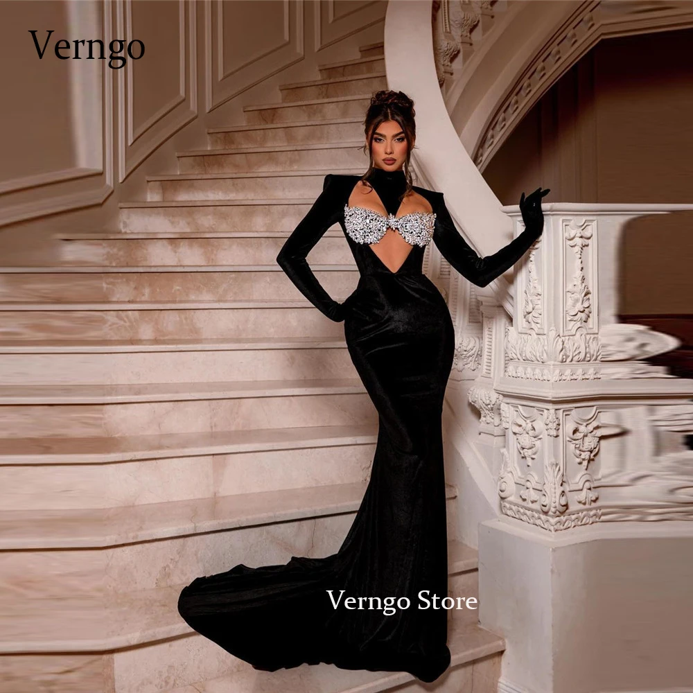 Top Trends: Verngo Modern Black Velvet High Neck Evening Dresses Long Sleeves Gloves Cut-Out Crystal Bra Sexy Dubai Sexy Prom Gowns Party Shoppable Styles