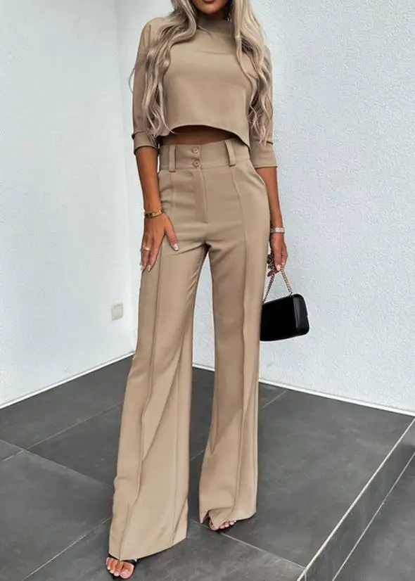 Top Trends: Two Piece Set Women Outfit 2023 Summer Fashion Plain Mock Neck Half Sleeve Crop Top & Elegant Pocket Design Buttoned Work Pants Shoppable Styles - Image 4