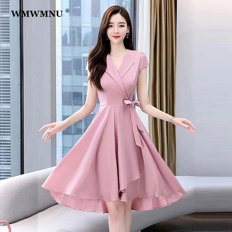 Top Trends: Elegant V-neck A-line Midi Dress Women Summer Korean Fashion Elbise Bandage Short Sleeve Dresses Plus Size 4xl Vestidos De Mujer Shoppable Styles