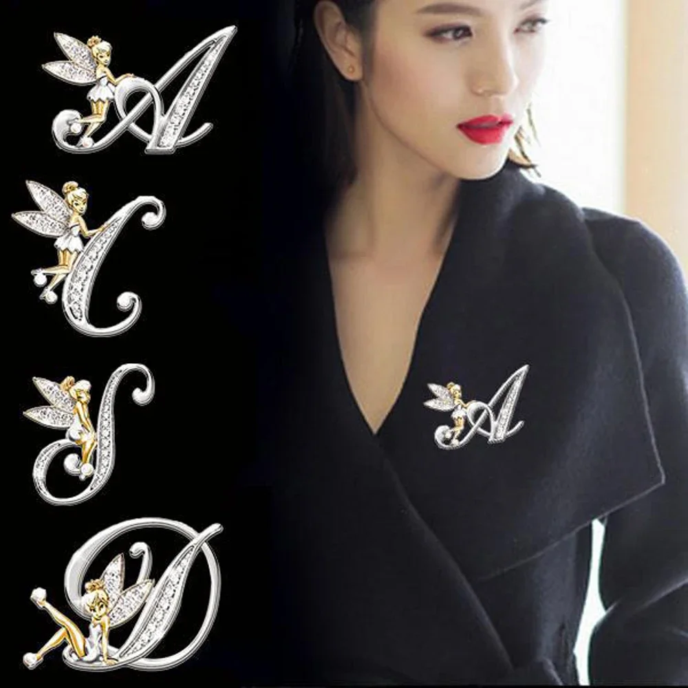 Top Trends: Luxury Brooch Elf Angel Alphabet A-Z Letter Lapel Pin Women Rhinestone Metal Glossy Lapel Collar Pin Scarf Clothes Decor Jewelry Shoppable Styles