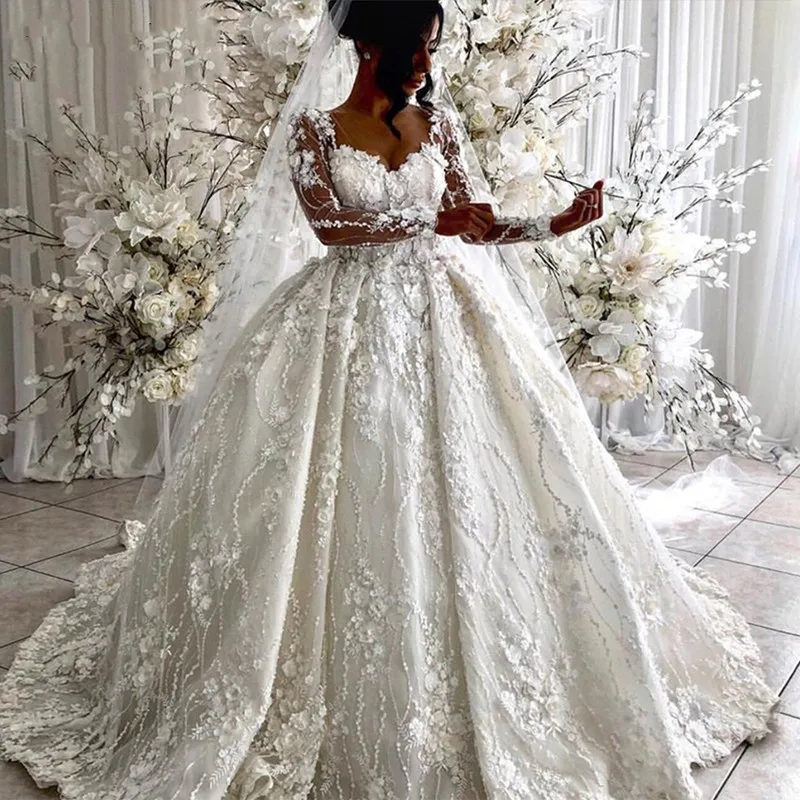 Top Trends: Vintage Full Lace Wedding Dresses 2022 Arabic 3D Floral Illusion Long Sleeves V Neck Royal Bridal Gowns Vestidos De Novia Shoppable Styles