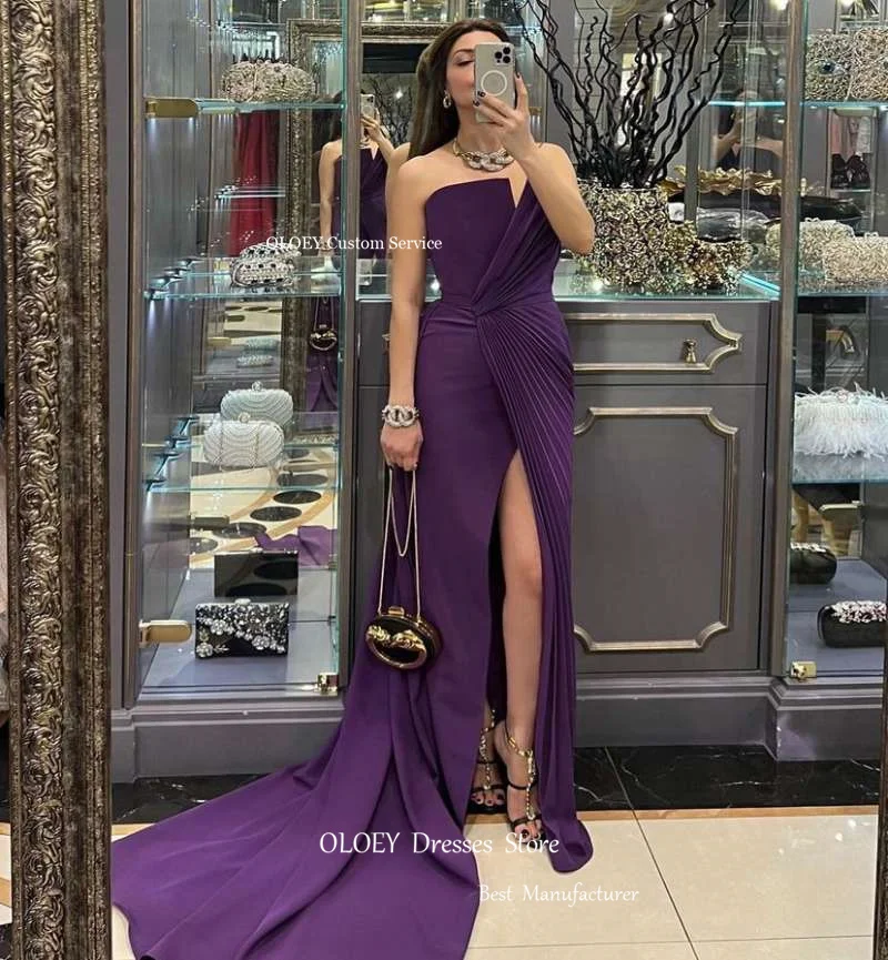 Top Trends: OLOEY Grape Purple Long Evening Dresses Strapless Strech Satin Pleats Split Dubai Arabic Blush Pink Formal Party Prom Gowns Shoppable Styles