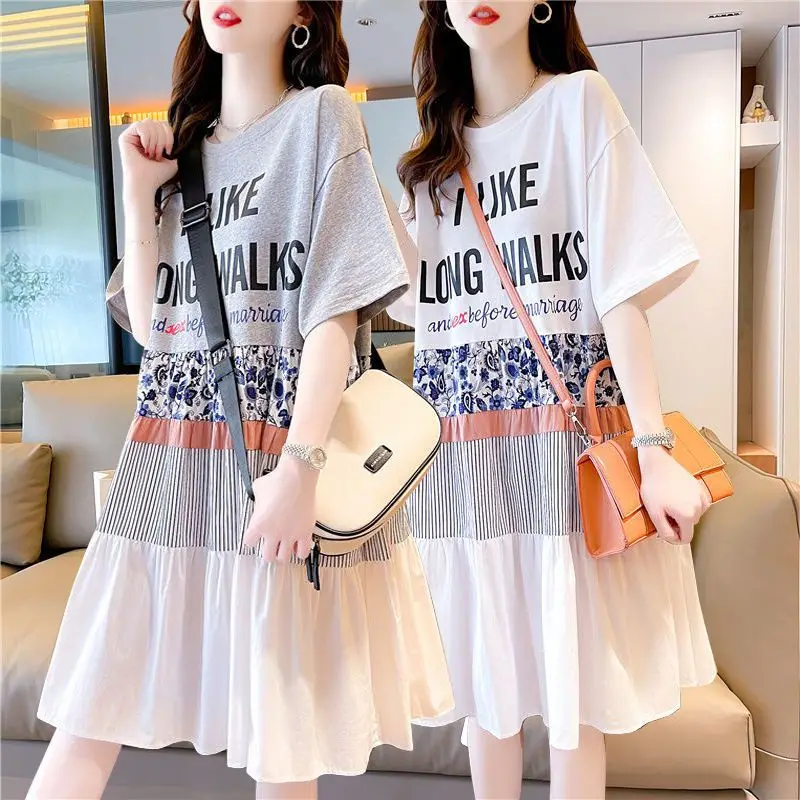 Top Trends: Casual Short Sleeve Letter Dresses Female Clothing Summer Loose A-Line Fashion Printed Patchwork Korean Round Neck Midi Dress Shoppable Styles