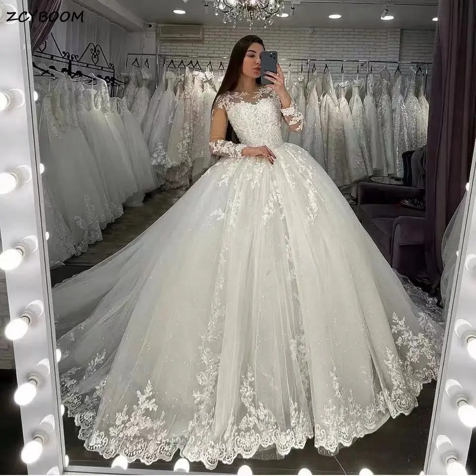 Top Trends: Luxury Ivory Illusion Long Sleeves Wedding Dresses 2024 Princess Lace Appliques Beading Ball Gown Bridal Gowns Vestido De Noiva Shoppable Styles