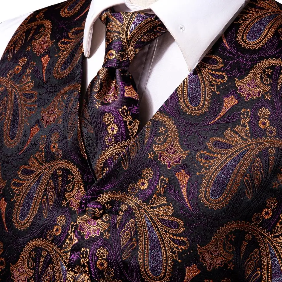 Top Trends: Purple Gold Silk Mens Vest Tie Set Jacquard Paisley Sleeveless Jacket Suit Waistcoat Necktie Hanky Cufflinks Wedding Business Shoppable Styles - Image 2