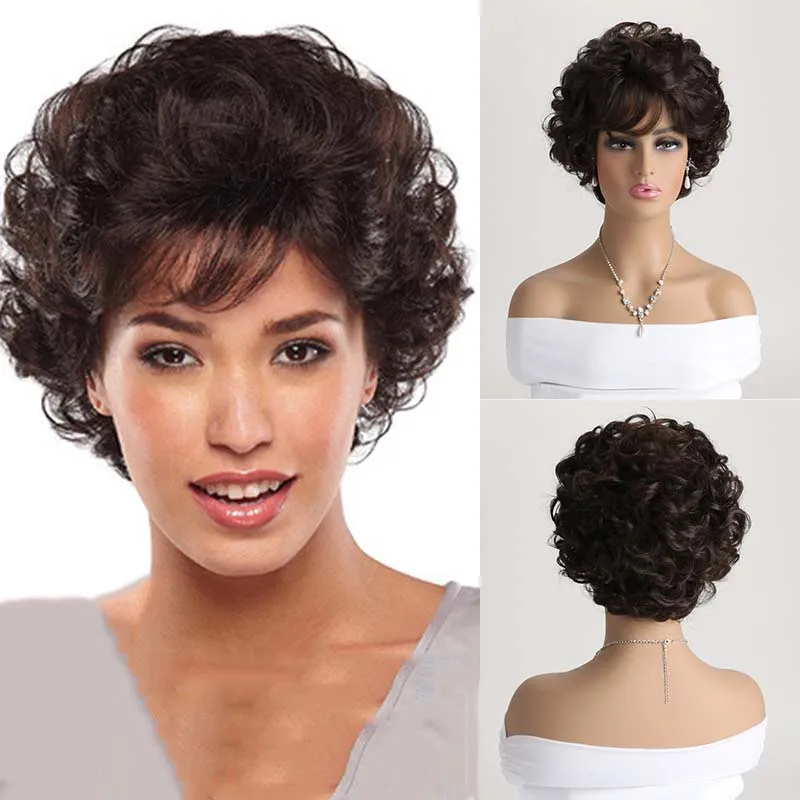 Top Trends: Short Pixie Cut Dark Brown Synthetic Wigs Nature Curly Layered Wig With Fluffy Bangs For Women Daily Heat Resistant Hair Shoppable Styles