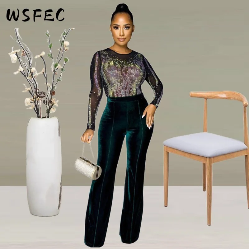 Top Trends: WSFEC Spring 2023 Fashion Jumpsuits Women Clothing Patchwork Velvet Perspective Sequins Wide Leg Club Party Evening Bodysuits Shoppable Styles