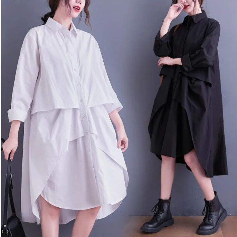 Top Trends: #4096 Black White Women Asymmetric Shirt Dress Long Sleeves Casual Front Button Shirt Dress Polo Neck Loose Sexy Dress Spring Shoppable Styles