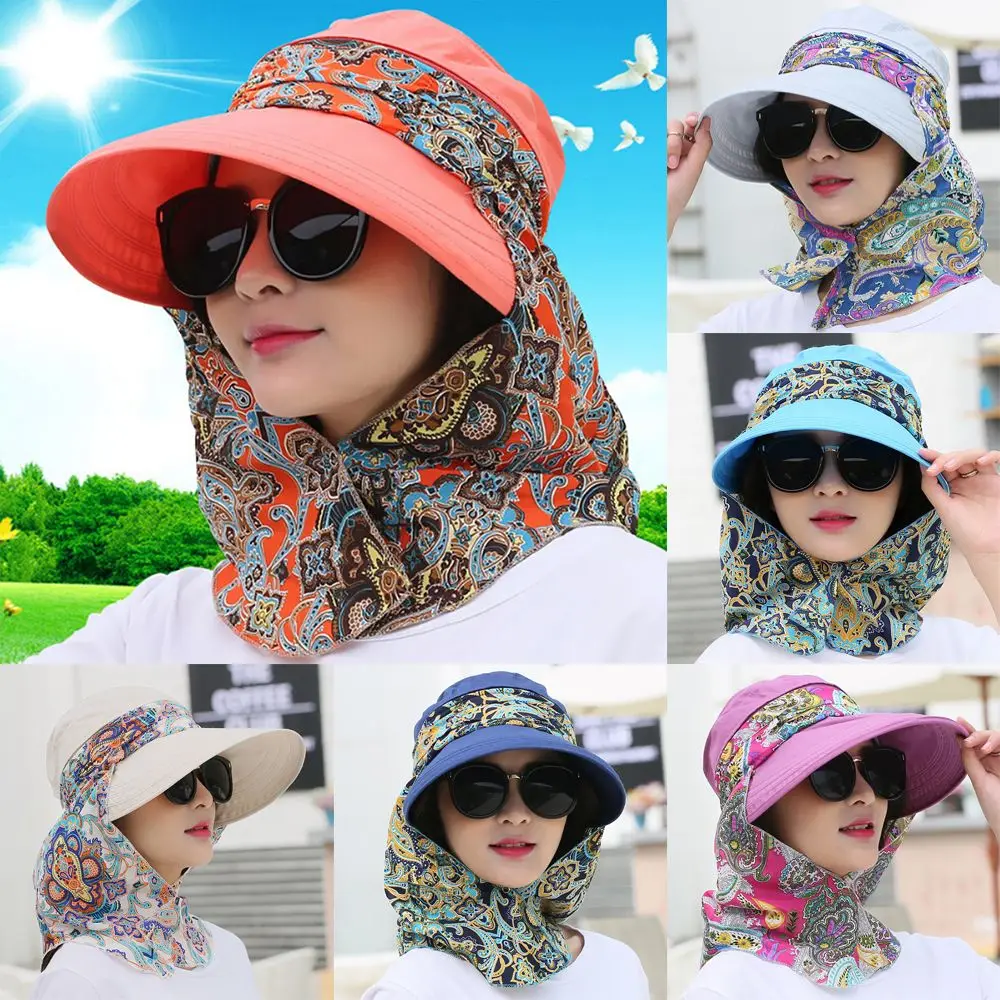 Top Trends: Fashion Women Summer Outdoor Riding Anti-UV Sun Hat Beach Foldable Sunscreen Floral Print Caps Neck Face Wide Brim Hat Shoppable Styles