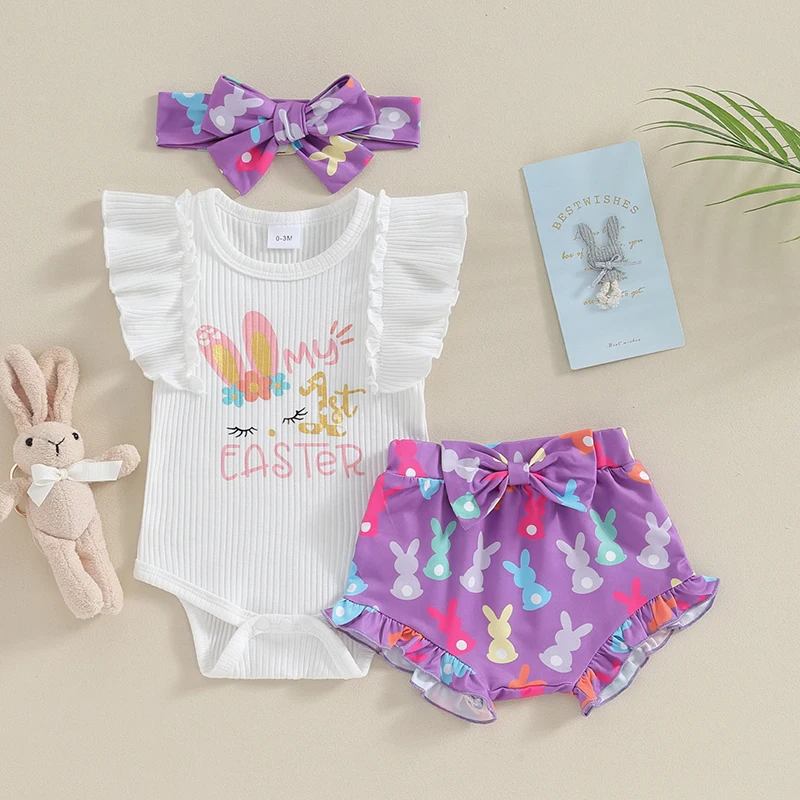 Top Trends: BeQeuewll Baby Girl Easter Clothes Bunny Letter Print Fly Sleeve Romper With Shorts And Bow Headband 3Pcs Casual Outfit Shoppable Styles