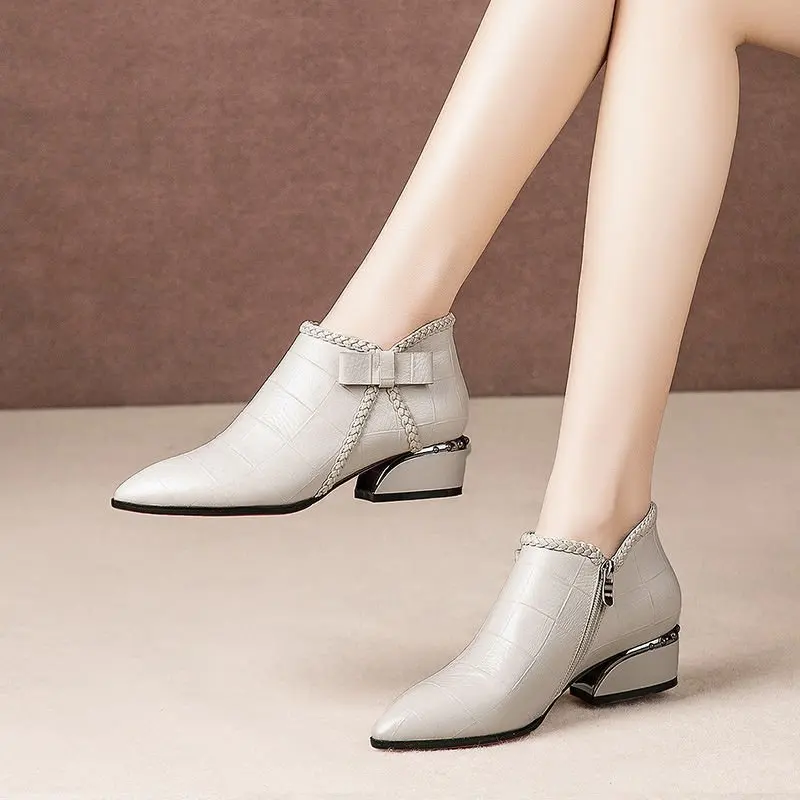 Top Trends: 2022 Spring And Autumn Bow Side Zipper Middle Heel Large Size Short Boots Women Pointed Face Comfortable Women's Boots Shoppable Styles