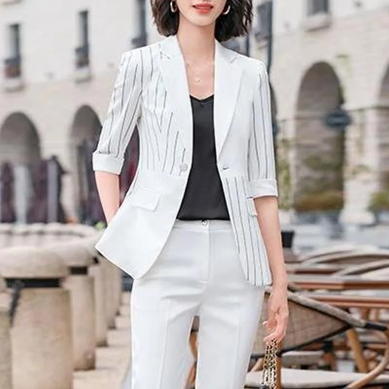 Top Trends: Striped Blazer For Women 2023 New Spring And Summer Casual Business Slim Temperament Waist Three Quarter Sleeve Small Suit Shoppable Styles