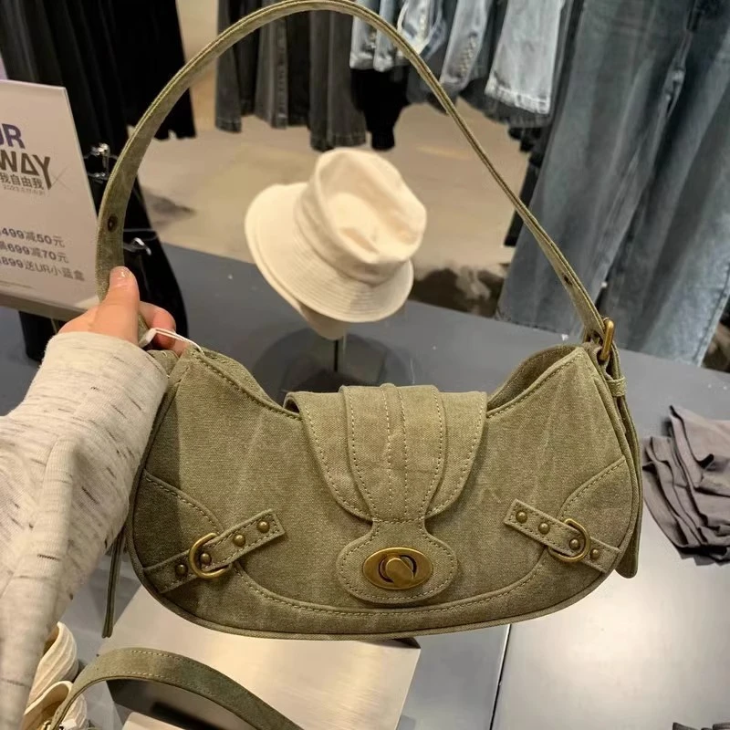 Top Trends: Xiuya Y2k Vintage Shoulder Bag American Street Style Rivets Green Canvas Handbag Gothic Punk Biker Cool Designers Underarm Bag Shoppable Styles