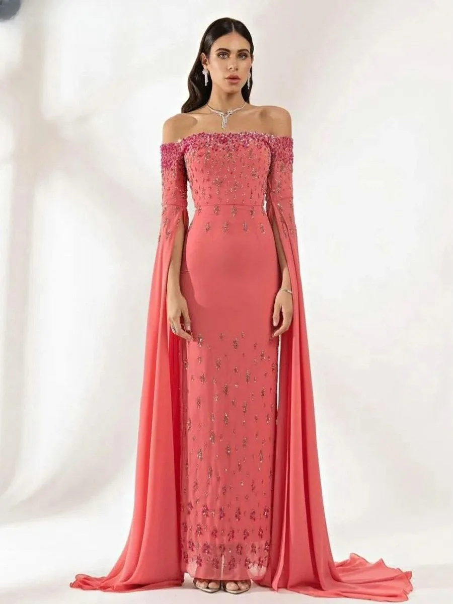 Top Trends: Lovestory Vestidos De Noche Bateau Neck Elegant Evening Dresses For Women Luxury Bead Sequins Celebrity Party Long Sleeves Prom Shoppable Styles