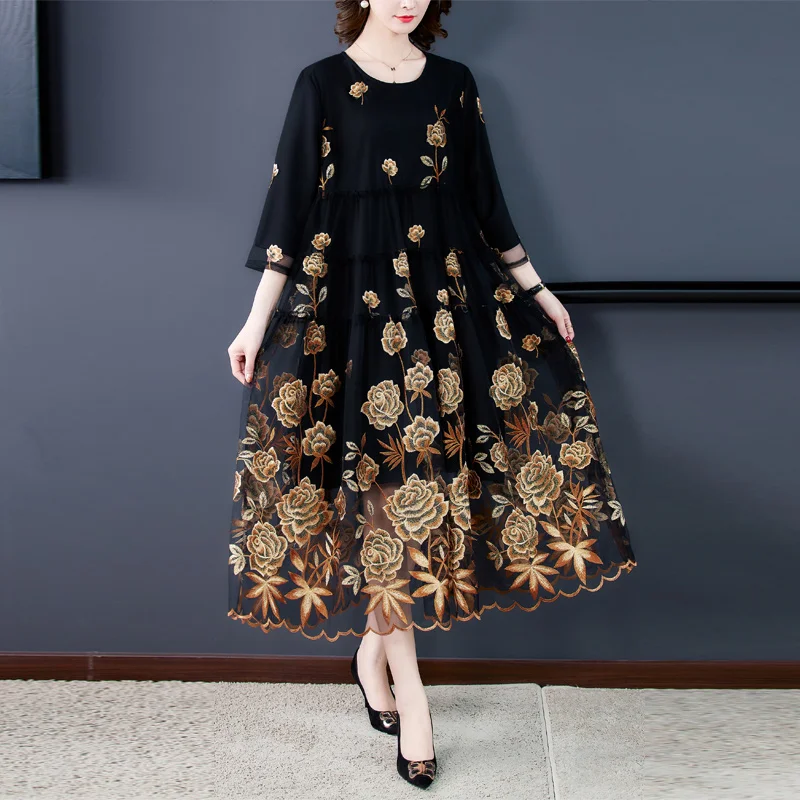 Top Trends: Chic Mesh Embroidered Dress 2024 Spring Autumn New Women's High-End A-Line Dress Flower Party Femme Vestidos Y1421 Shoppable Styles