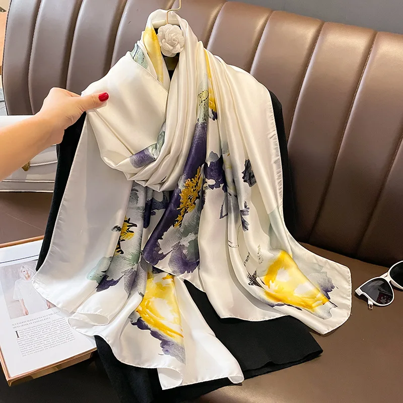 Top Trends: Spain Fashion Brand Women Silk Scarf Luxury Floral Stain Pashmina Shawls And Wraps Foulard Femme Bufandas Beach Hijab 180*90Cm Shoppable Styles - Image 2