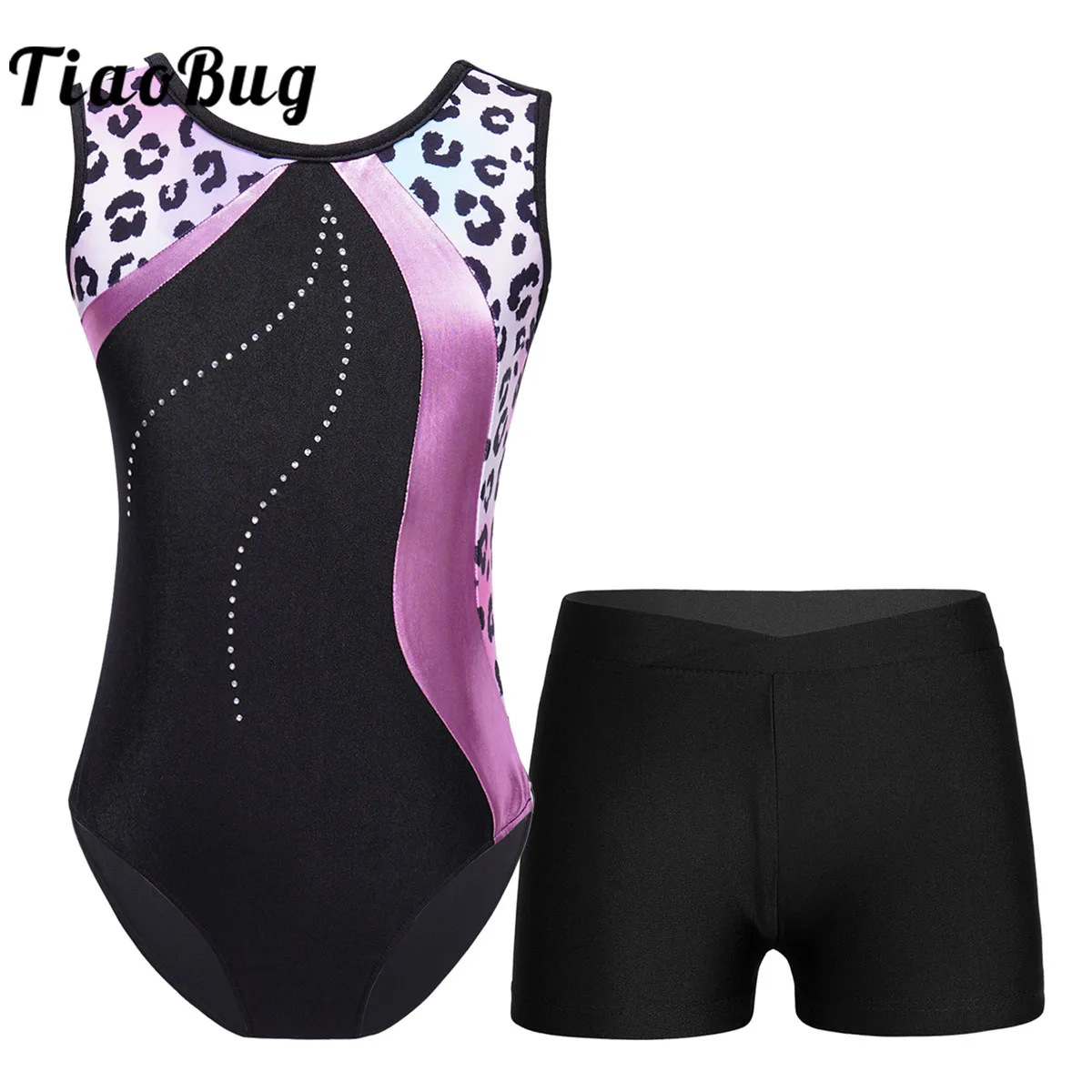 Top Trends: Kids Girls Ballet Leotard Set Gymnastics Bodysuit With Shorts Dancewear Sleeveless Rhinestone Figure Skating Unitards Shoppable Styles