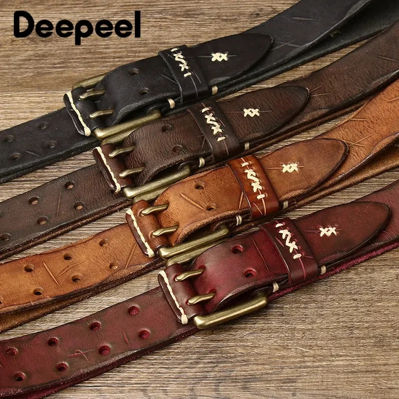 Top Trends: 1Pc Deepeel 3.8*105-125cm Men's Cowhide Leather Belts Vintage Double Needle Buckle Belt Adults Male Wide Waistband With Jeans Shoppable Styles - Image 2