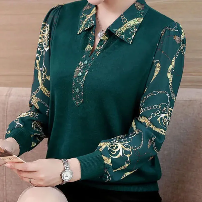 Top Trends: Fashion Korean Turn-down Collar Long Sleeve Tops Female Casual Commute Printed T-shirt Pullovers Women's Clothing Autumn Winter Shoppable Styles