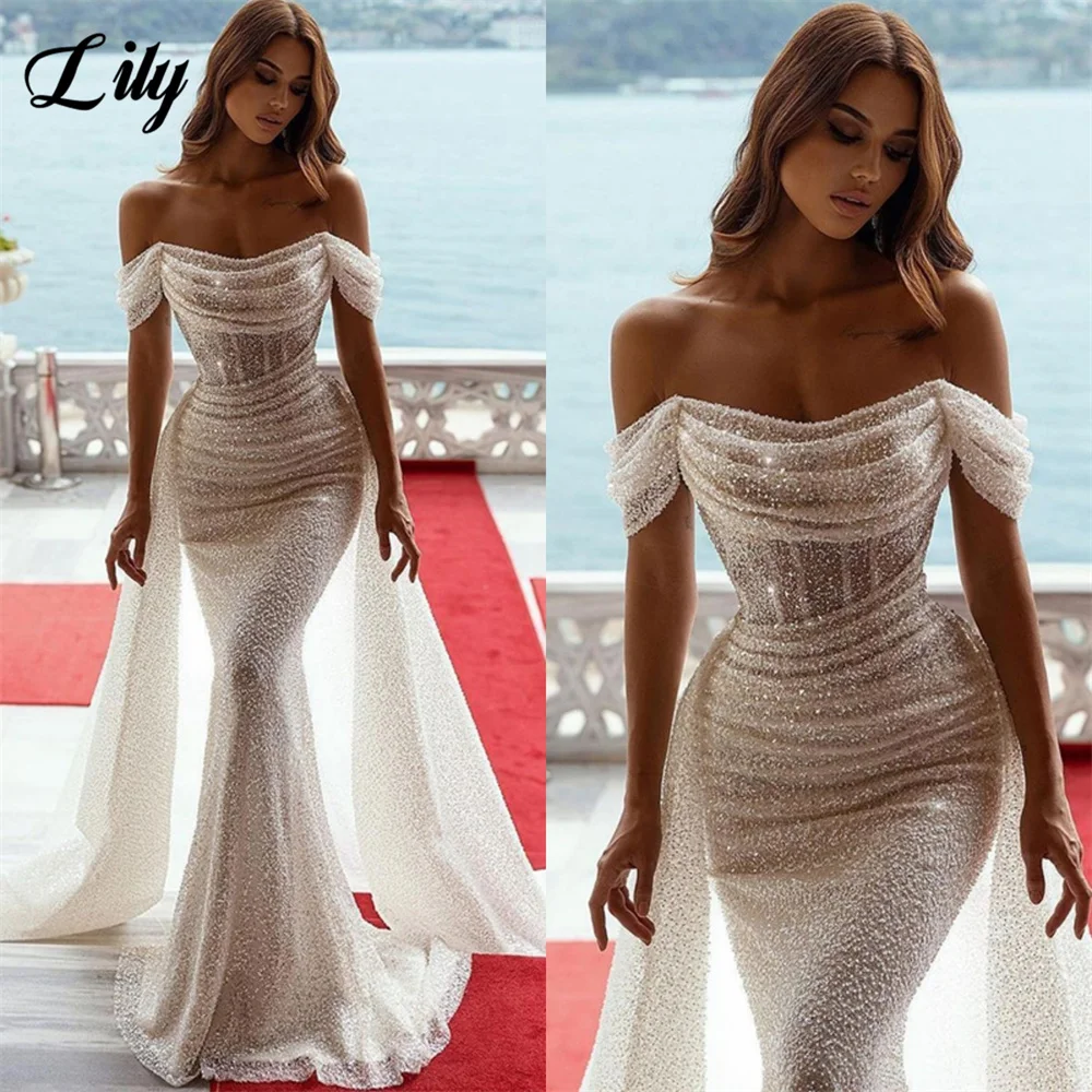 Top Trends: Lily Sexy Glitter Mermaid Wedding Party Dresses Off The Shoulder Sleeveless Wedding Dress With Shiny Train فستان حفلات الزفاف Shoppable Styles