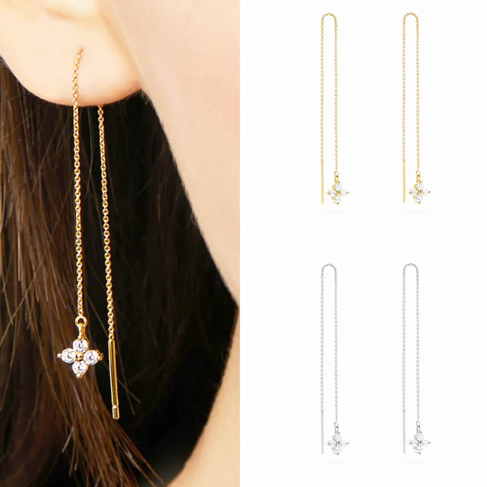 Top Trends: Aide Long Chain Tassel Four-leaf Zircon 925 Sterling Silver Drop Earrings For Women Minimalist 18K Gold Earrings Fine Jewelry Shoppable Styles