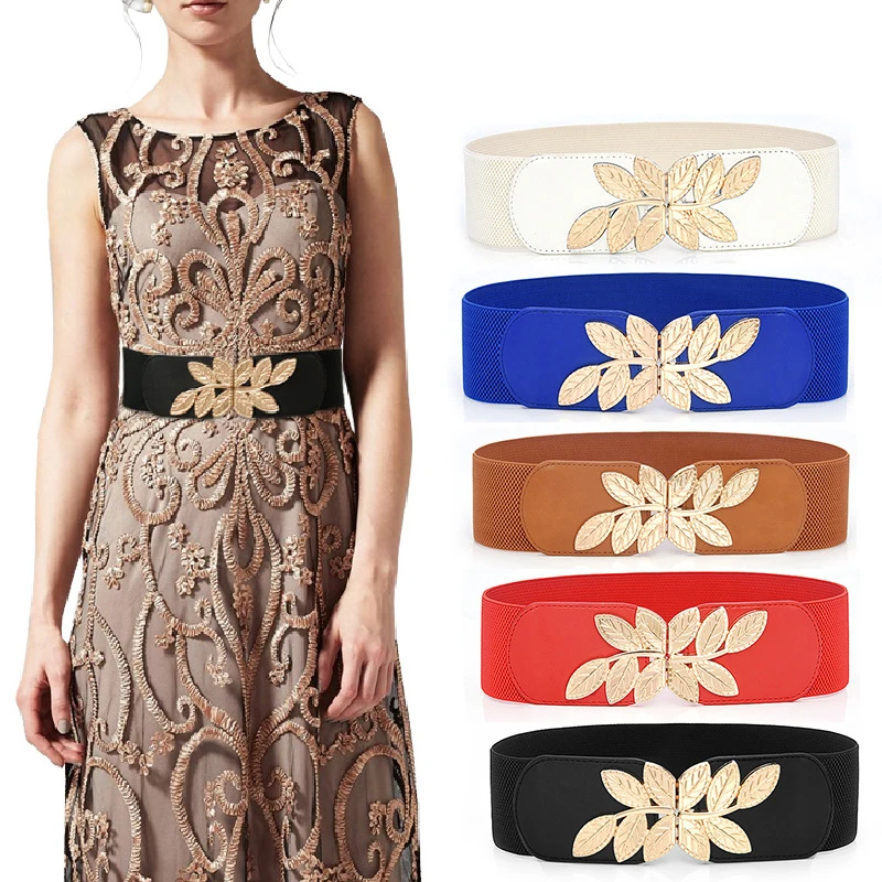 Top Trends: Vintage Carved Leaves Elastic Women Belt Band Stretch Wrap Buckle PU Leather Slimming Waist Belt Wide Waistband Dress Decorative Shoppable Styles