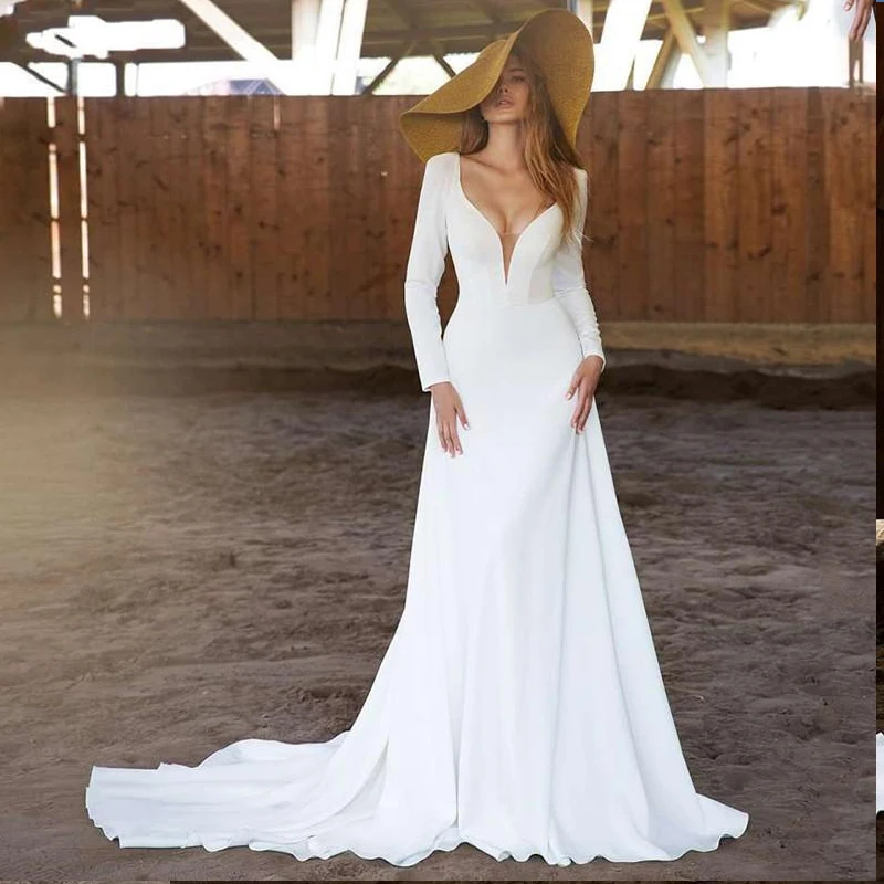 Top Trends: Simple Long Sleeves Wedding Dresses 2024 Sexy Deep V Neck Bridal Gown Backless Sweep Train Civil Robe De Mariee Country Marriage Shoppable Styles