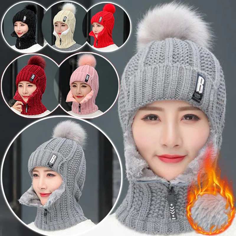 Top Trends: Fashion Wool Knitted Ski Hat Sets Female Windproof Winter Outdoor Knit Thick Scarf Collar Warm Hat Keep Face Warmer Beanie Hat Shoppable Styles