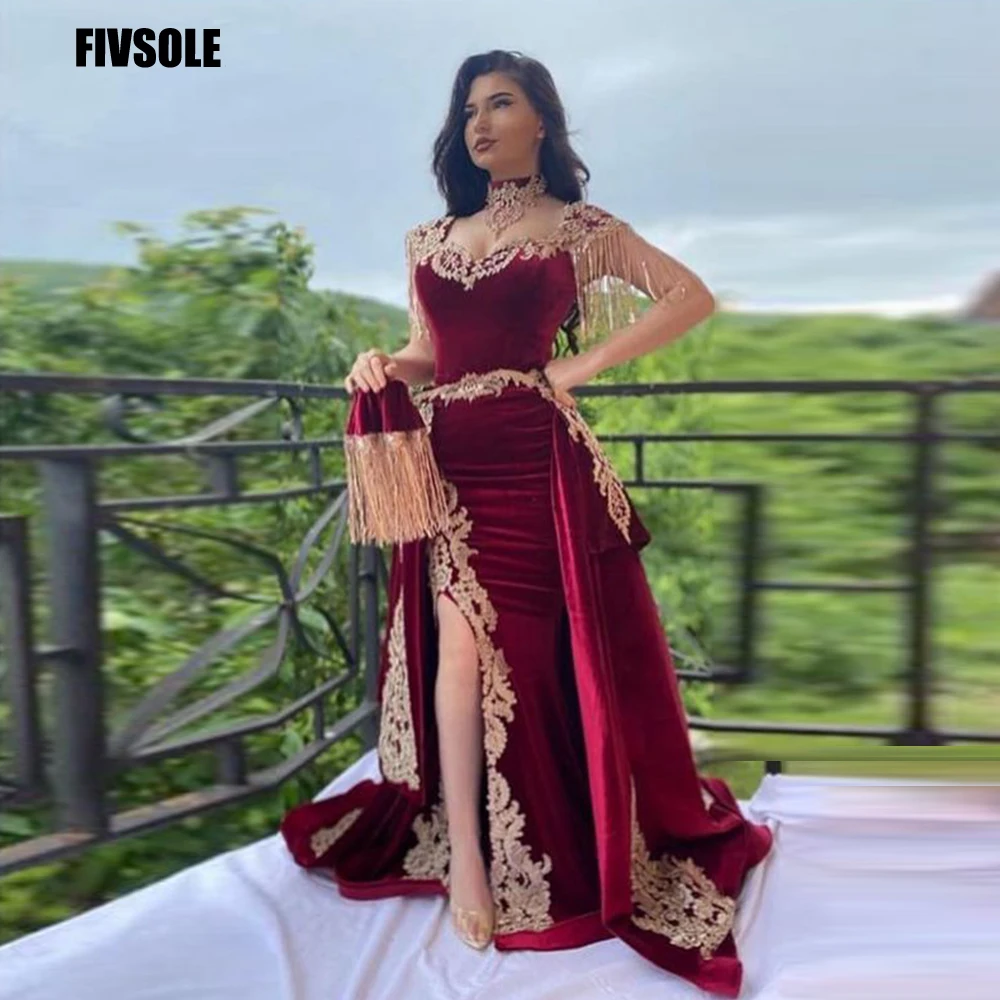 Top Trends: Fivsole 4 Pieces Velvet Evening Dress Removable Skirt Arabic Split Prom Gowns Appliques Lace Tassel High Neck Algerian Outfit Shoppable Styles