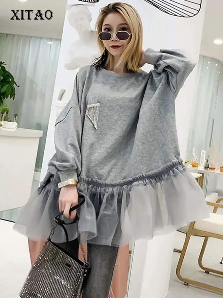 Top Trends: XITAO Tide Patchwork Mesh Pleated Sweatshirt Diamonds Women Clothes 2019 Elegant Fashion Pullover Top Autumn Korean WQR1548 Shoppable Styles