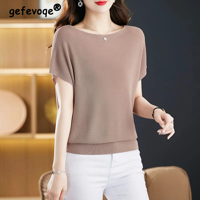 Top Trends: Women Korean Simple Casual Elegant Ice Silk Knitted T-shirts Summer Female Fashion Short Sleeve Solid Loose Pullover Basic Tops Shoppable Styles