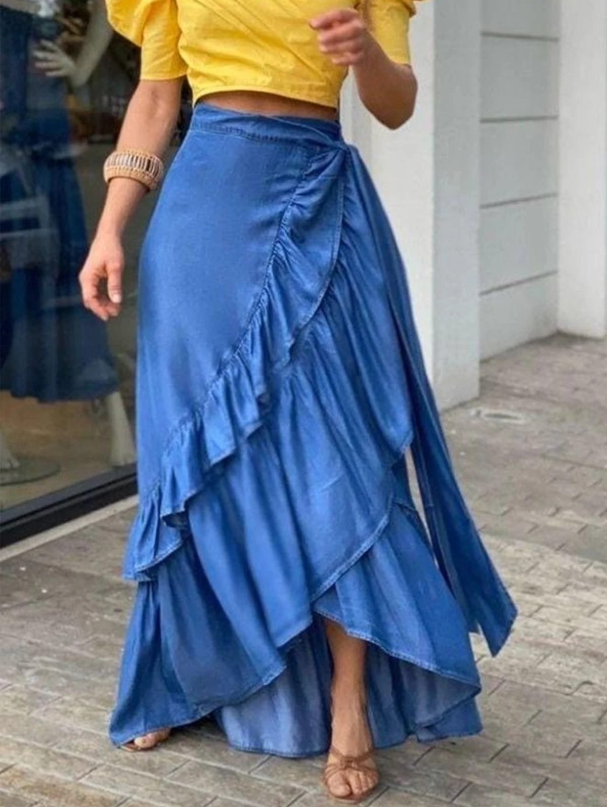 Top Trends: Women Pleated Denim Skirt A-Line Casual Streetwear Beach Party Club Y2K Vintage Elegant Plain Ruffle Hem Knot Waist Maxi Skirt Shoppable Styles