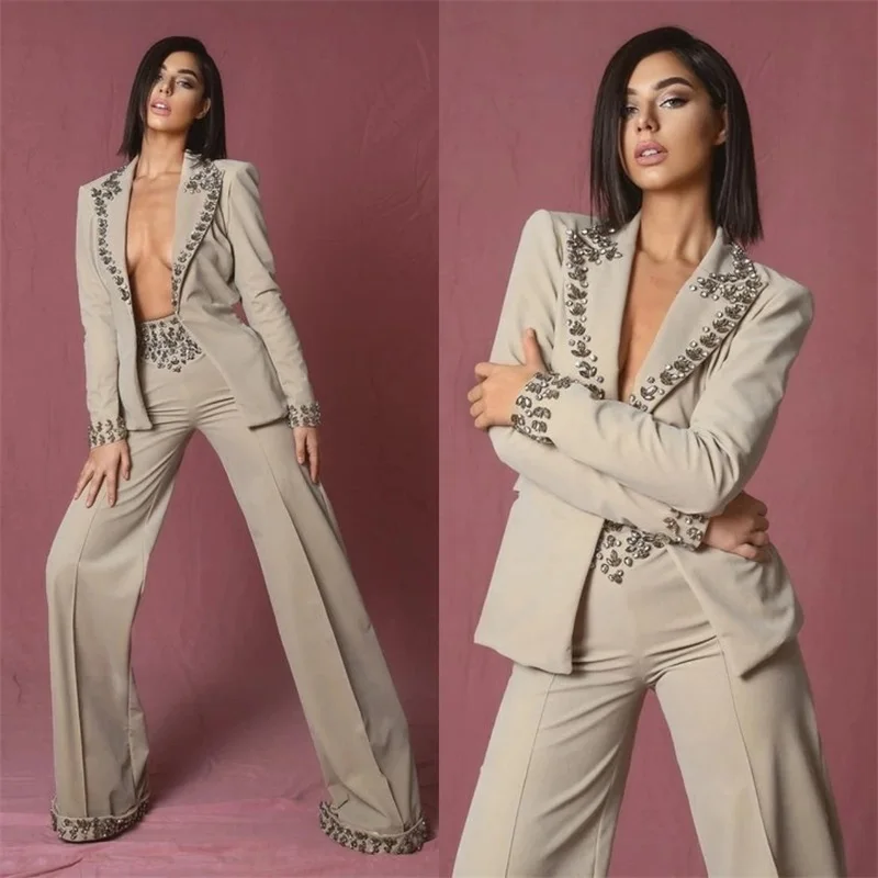 Top Trends: Crystal Beaded Women Suit Set 2 Piece Blazer+ Pants Formal Office Lady Sexy Prom Dress Coat Jacket Splicing Color женский костюм Shoppable Styles