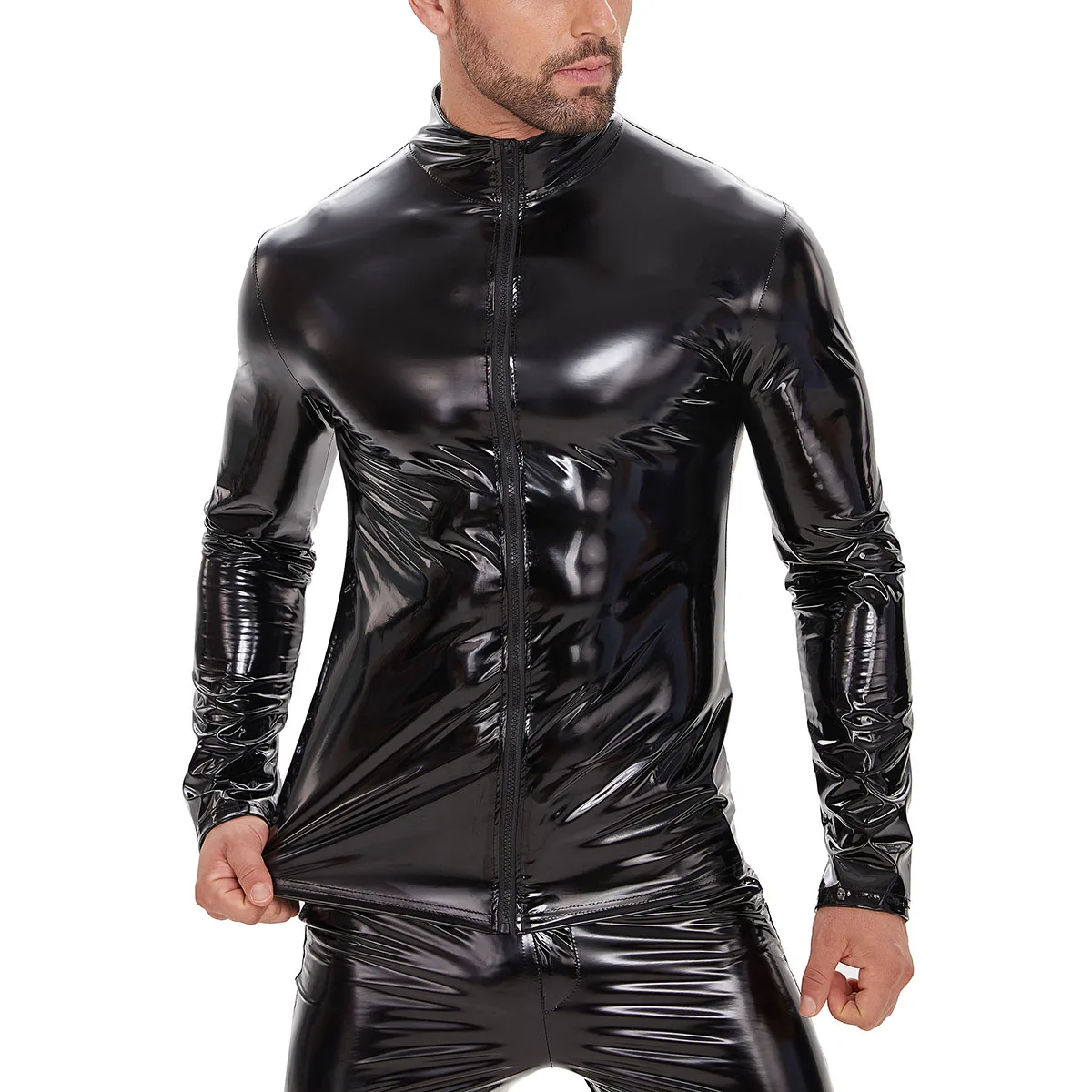 Top Trends: Plus Size Mens Shiny Leather Shirt Long Sleeve Full Zippper Glossy PVC Leather Tops Male Wetlook Latex Shaping Casual Coat Sexi Shoppable Styles - Image 5