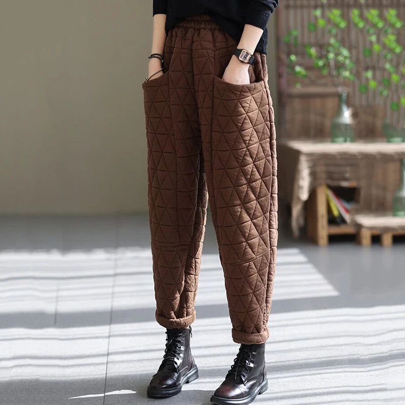 Top Trends: Fall Winter Warm Vintage Harem Pants Women Snow Wear Thick Solid Colors Cotton Down Trousers Oversized Casual Quilted Sweatpants Shoppable Styles - Image 4