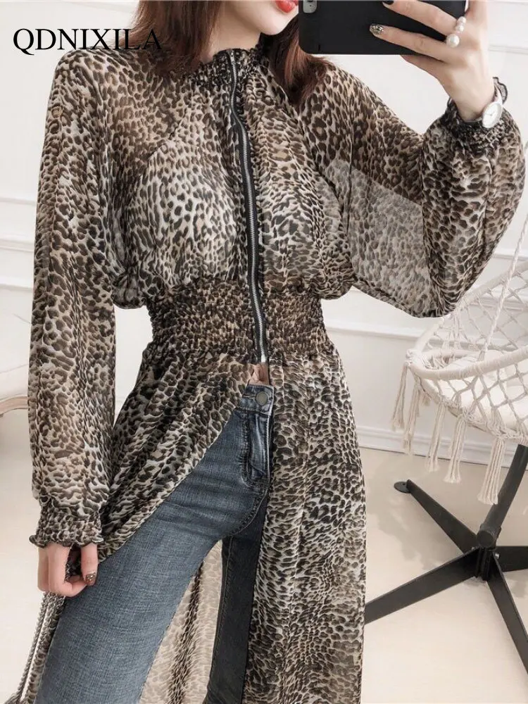 Top Trends: Women's Shirt Dress Leopard Chiffon Shirt Fashion Foreign Style Mid-length Sunscreen Shawl Blouse Beach Cover Ups For Women Shoppable Styles