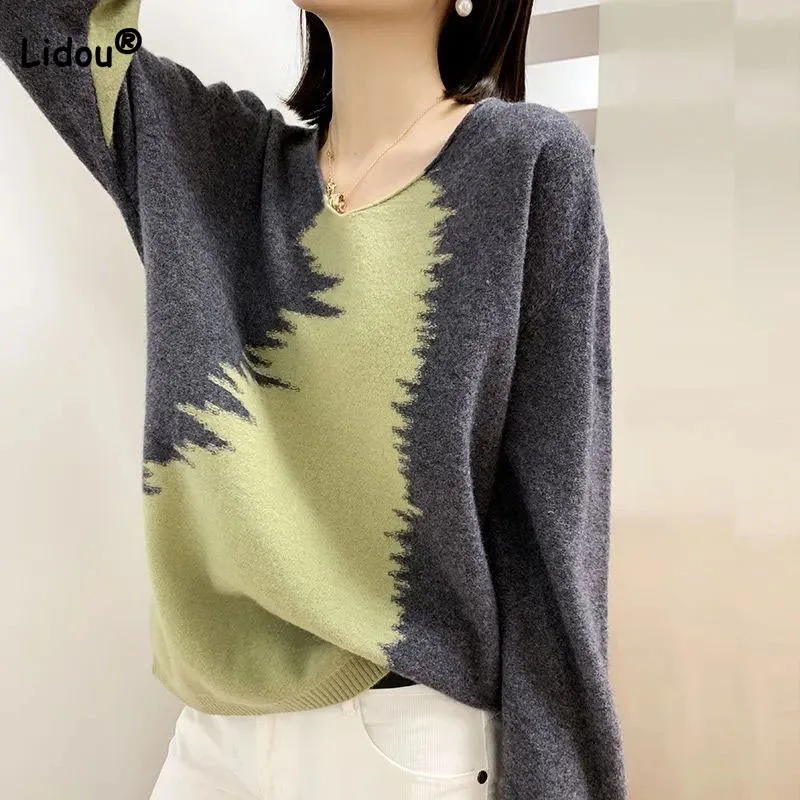 Top Trends: Female Simplicity Fashion Spliced V-Neck Sweaters Autumn Winter Korean Loose Women's Clothing Long Sleeve Knitted Pullovers Shoppable Styles