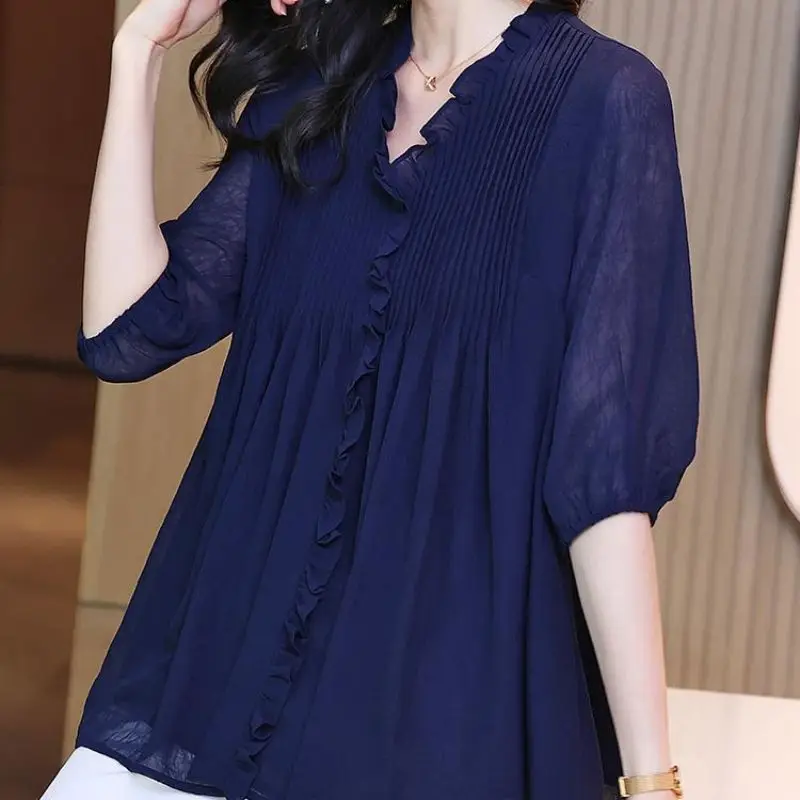 Top Trends: Elegant Solid Color Spliced Folds Ruffles Chiffon Blouse Women&#039;s Clothing 2023 Spring New Oversized Casual Pullovers Chic Shirt Shoppable Styles