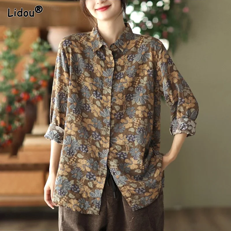 Top Trends: Blouses Turn-down Collar Button Printing Vintage Flowers Hipster Autumn Winter Thin Women's Clothing 2022 Loose Street Casual Shoppable Styles