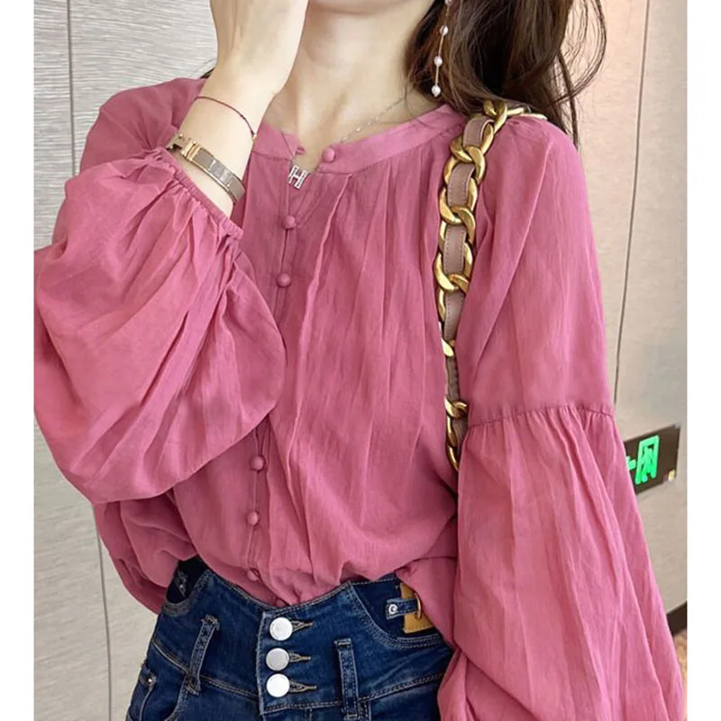 Top Trends: Fashion O-Neck Solid Color Button Lantern Sleeve Shirts Female Clothing 2023 Autumn Winter Loose Casual Tops Office Lady Blouses Shoppable Styles