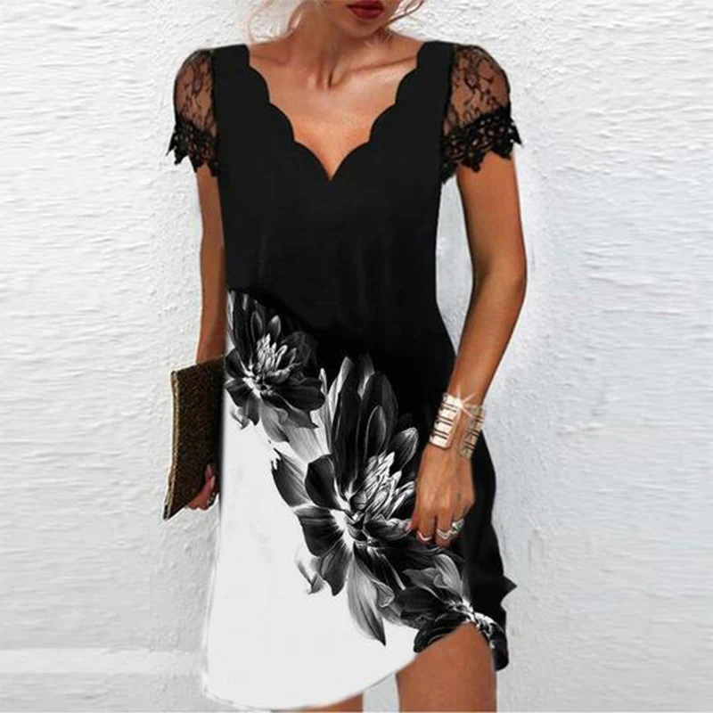 Top Trends: Summer Sexy Elegant Fashion Party Dresses Women V-neck Floral Print Short Sleeve Lace Mini Dress Oversized Vestido Feminino Robe Shoppable Styles - Image 3