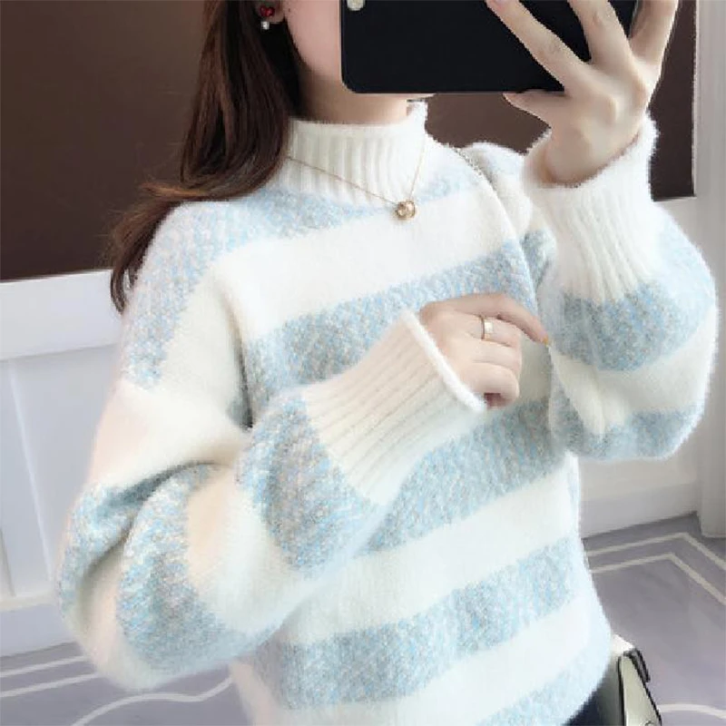 Top Trends: Autumn Winter Vintage High Collar Striped Patchwork Loose Casual Sweater Female Waterproof Mink Velvet Pullover Top Women Jumper Shoppable Styles