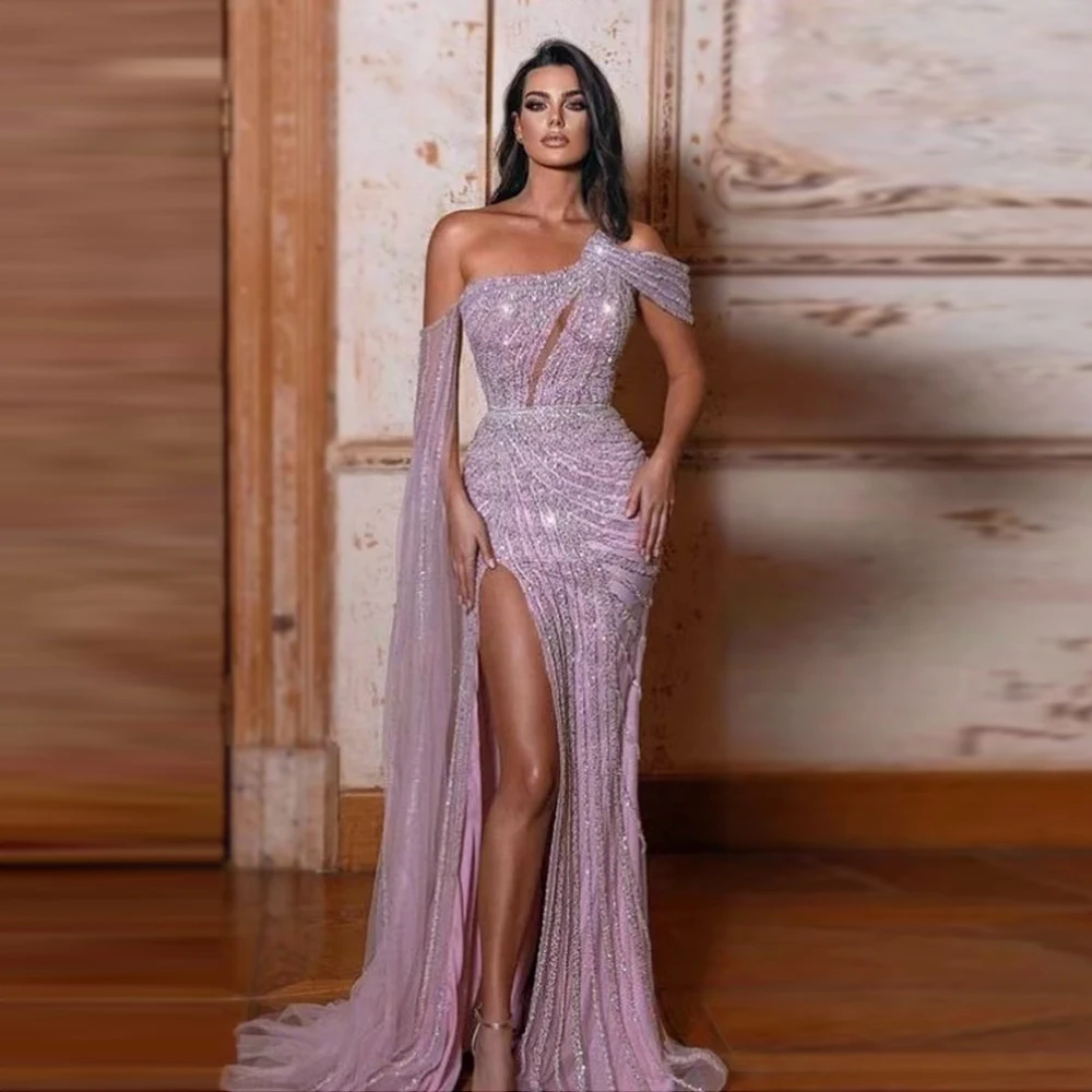 Top Trends: 2023 One Shoulder Evening Dresses Sequined Side Slit Skirt Prom Gowns For Women A Line Sparkle Luxury Sexy Wedding Formal Party Shoppable Styles - Image 2