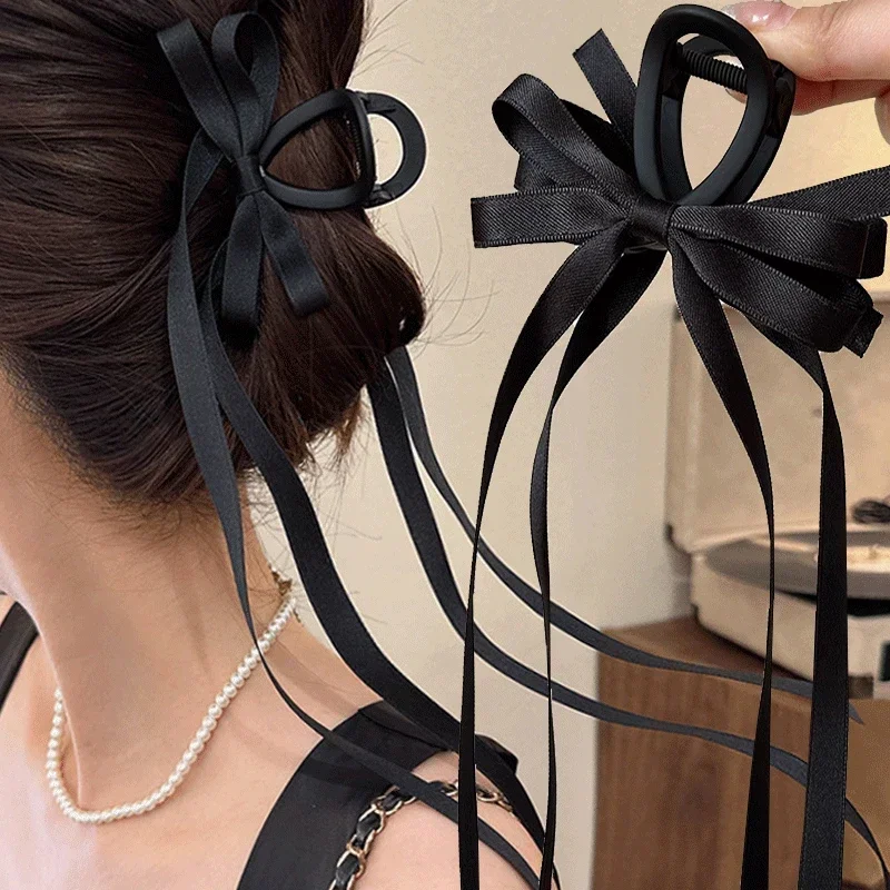 Top Trends: Korean Black Bow Long Ribbon Hair Clip Headdress Sweet Ballet Princess Y2K Girls Hair Claws Hairpin Women Hair Accessories Shoppable Styles