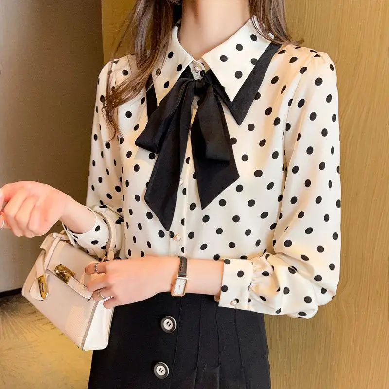 Top Trends: Fashion Lapel Lace Up Polka Dot Bow Shirt 2022 Autumn New Casual Tops Loose Printed Commute Female Clothing Sweet Blouses Shoppable Styles